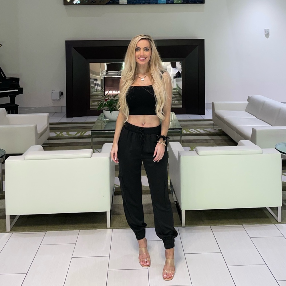 Black Satin Cargo Drawstring Joggers